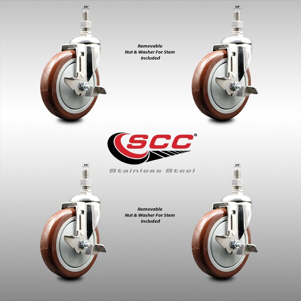 Service Caster 5 Inch 316SS Maroon Polyurethane Swivel 3/8 Inch Threaded Stem Caster Set Brake SS316TS20S514-PPUB-MRN-TLB-381615-4 - main